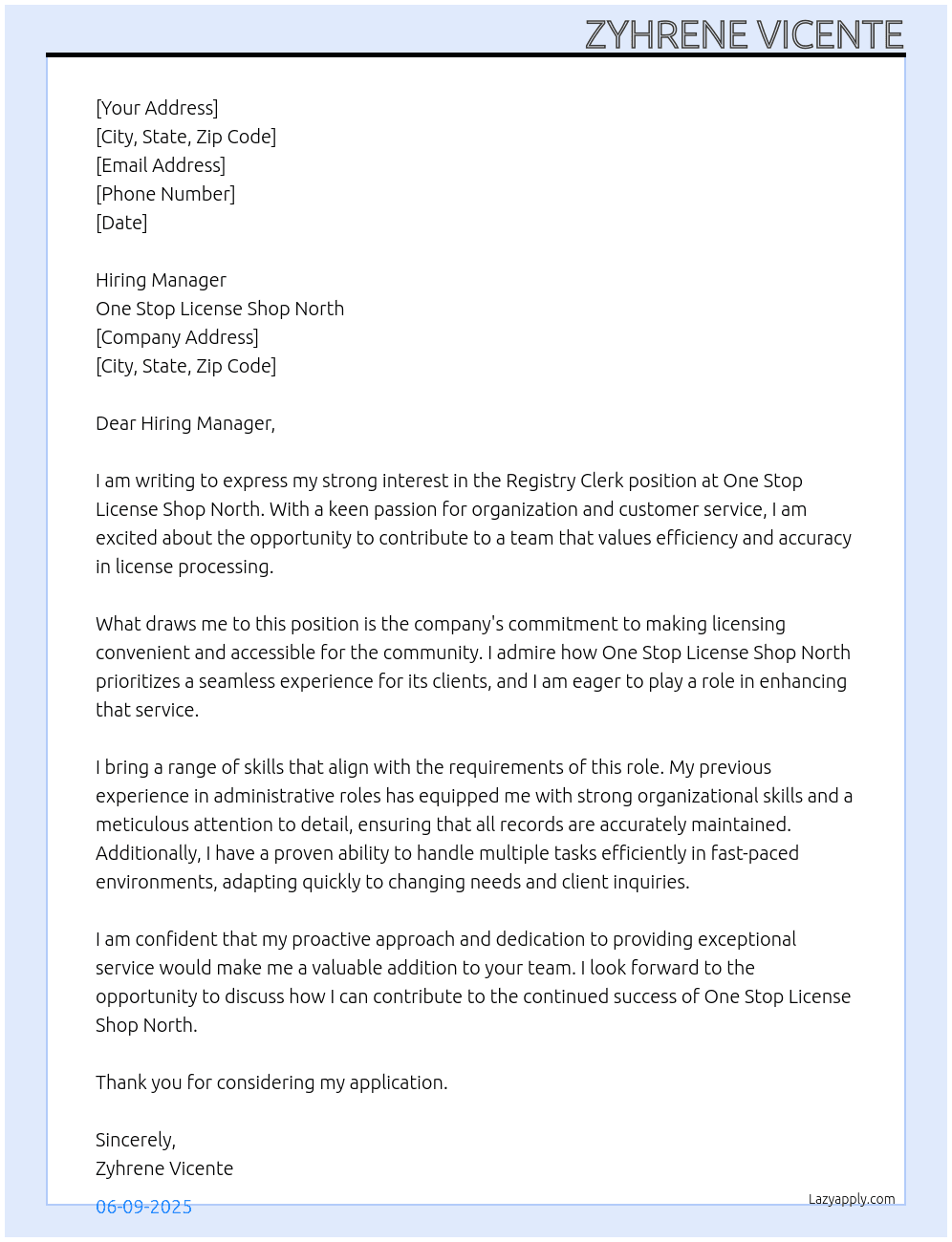 Registry Clerk At One Stop License Shop North Cover Letter