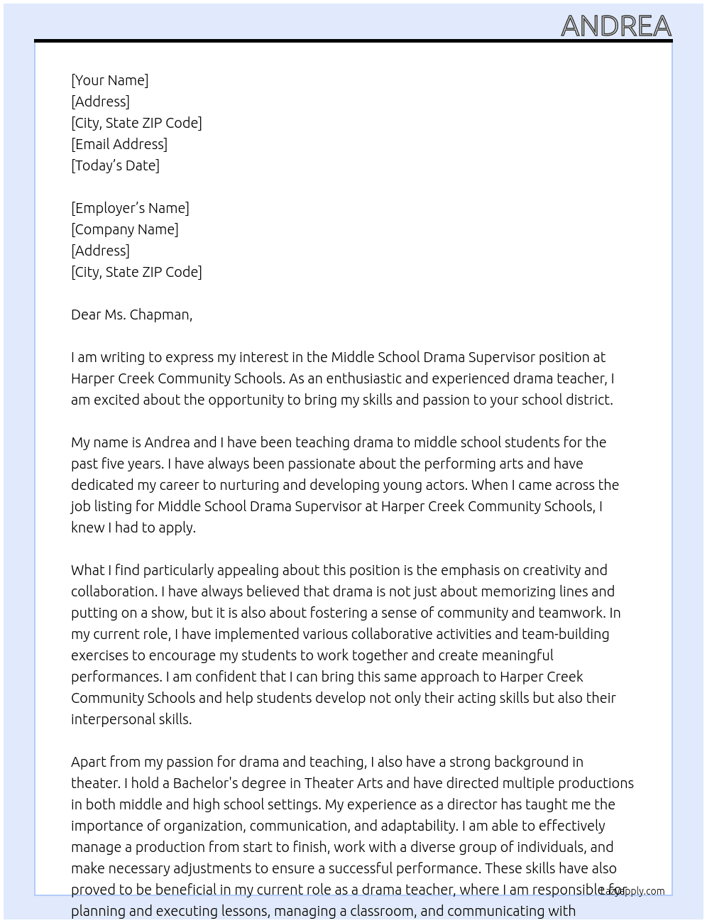 Middle School Drama Supervisor At Harper Creek Community Schools Cover Letter
