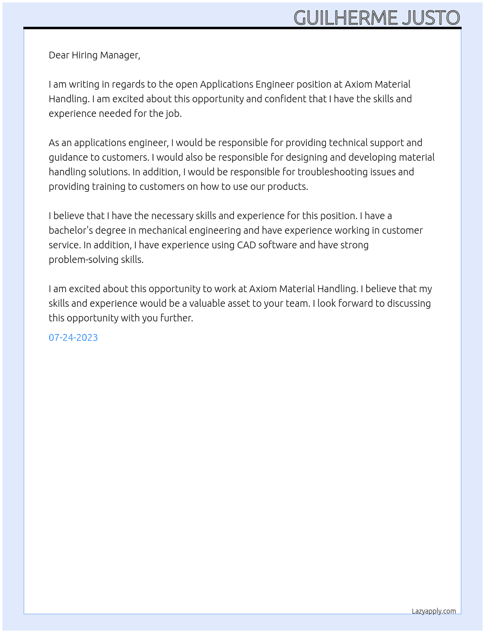 Applications Engineer At Axiom Material Handling Cover Letter
