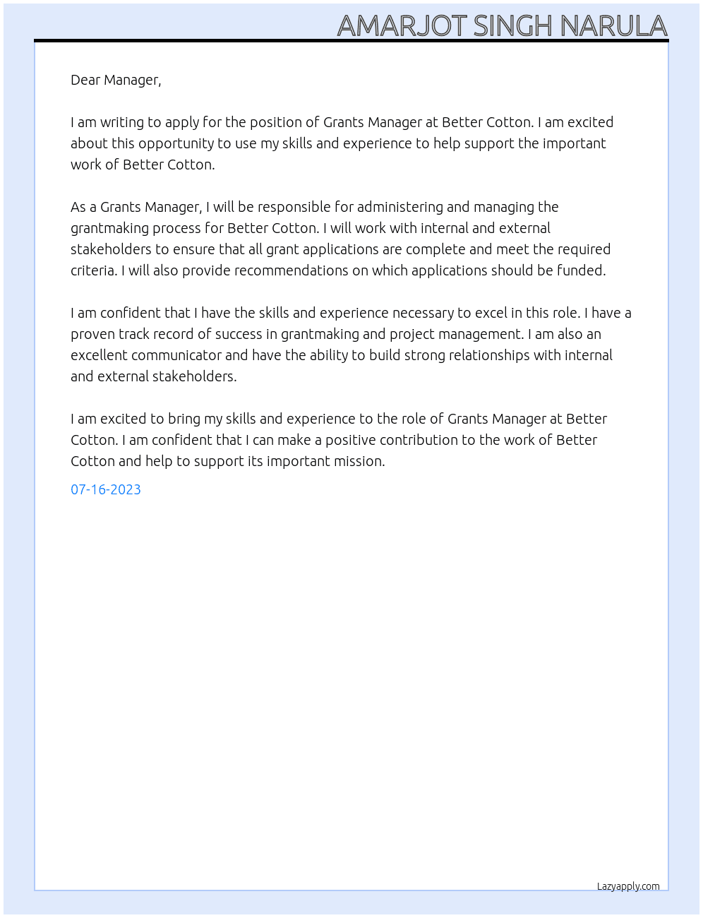 Grants Manager At Better Cotton Cover Letter