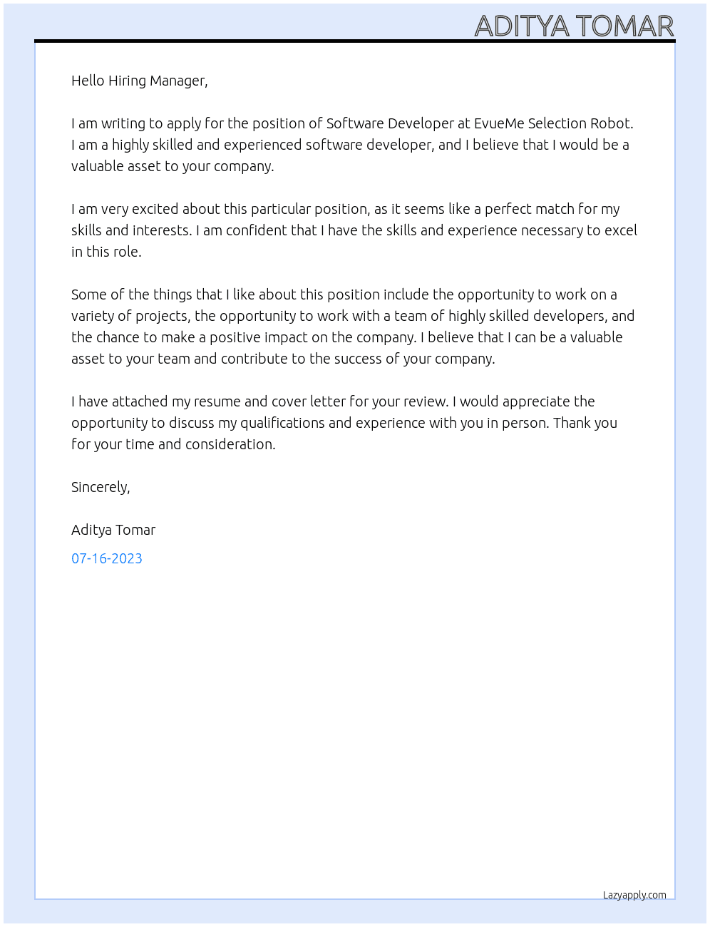 Software Developer At EvueMe Selection Robot Cover Letter