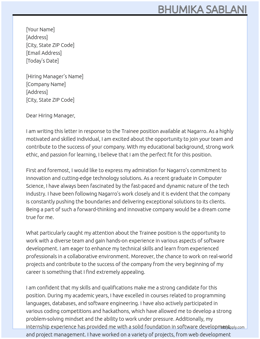 Trainee At Naggaro Cover Letter