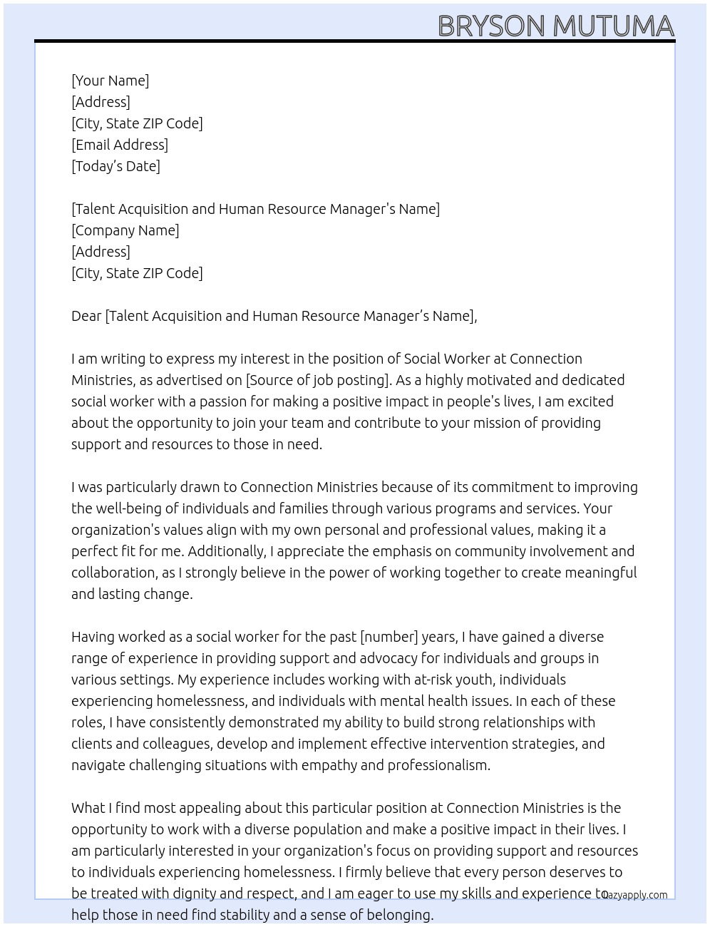 Social Worker  At Connection ministries  Cover Letter