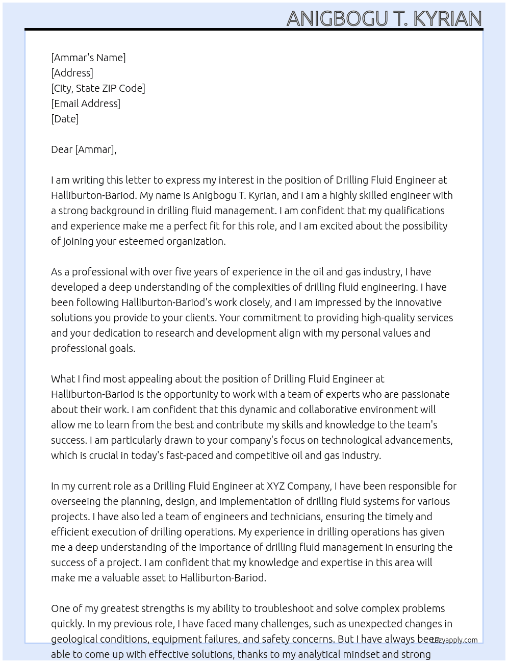 drilling fluid engineer At Halliburton-Bariod Cover Letter