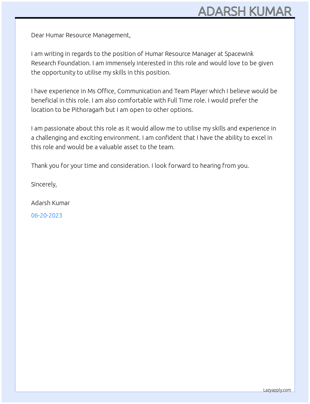 Humar Resource Manager At Spacewink Research Foundation Cover Letter