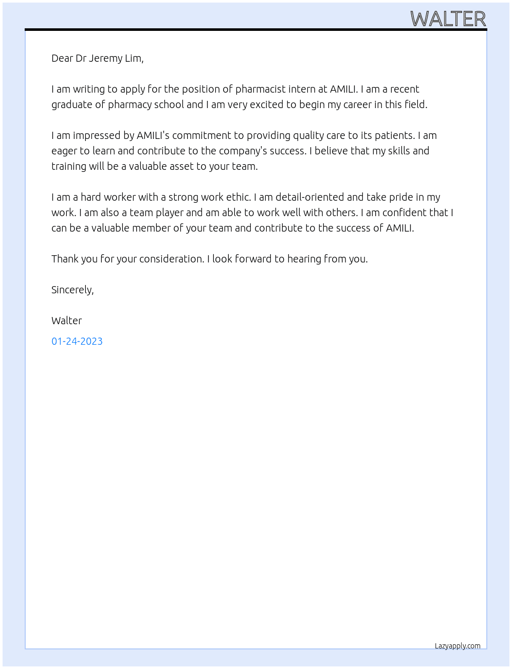 Pharmacist Intern At AMILI Cover Letter
