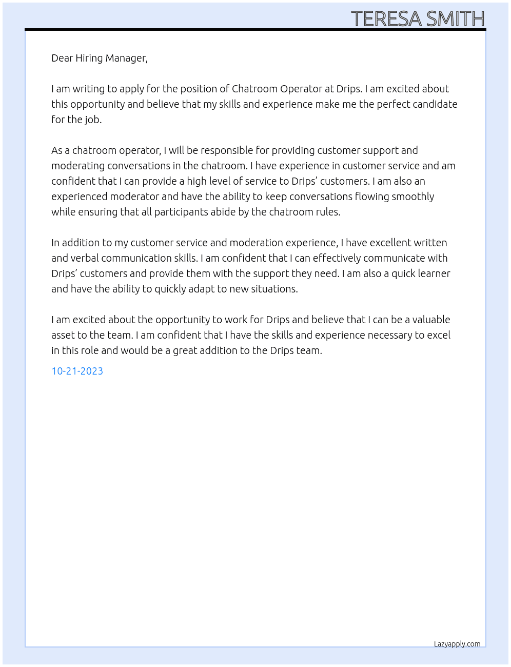 Chatroom Operator At drips Cover Letter