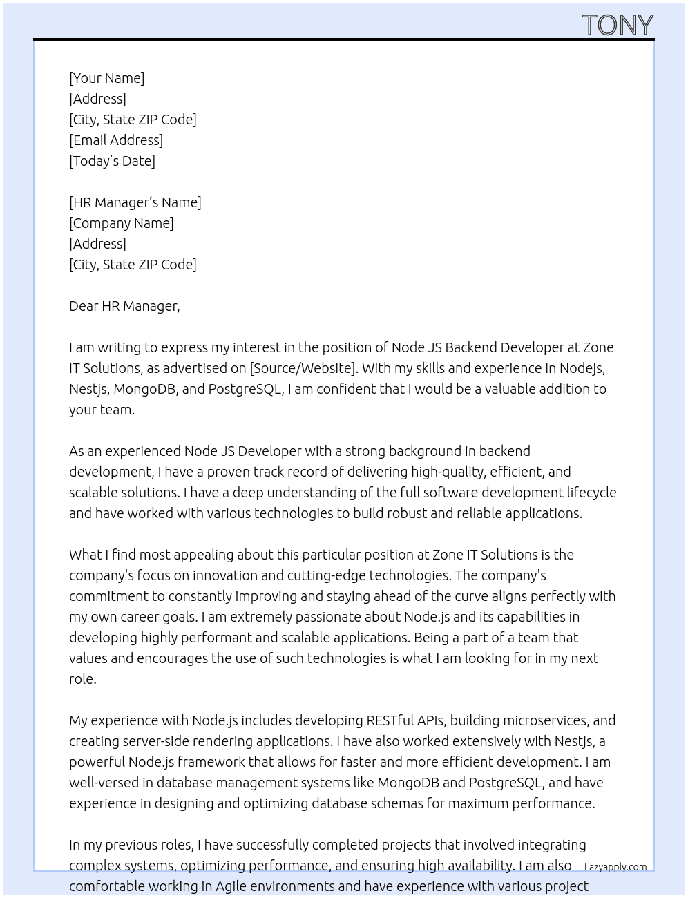 node js backend developer At Zone IT Solutions Cover Letter