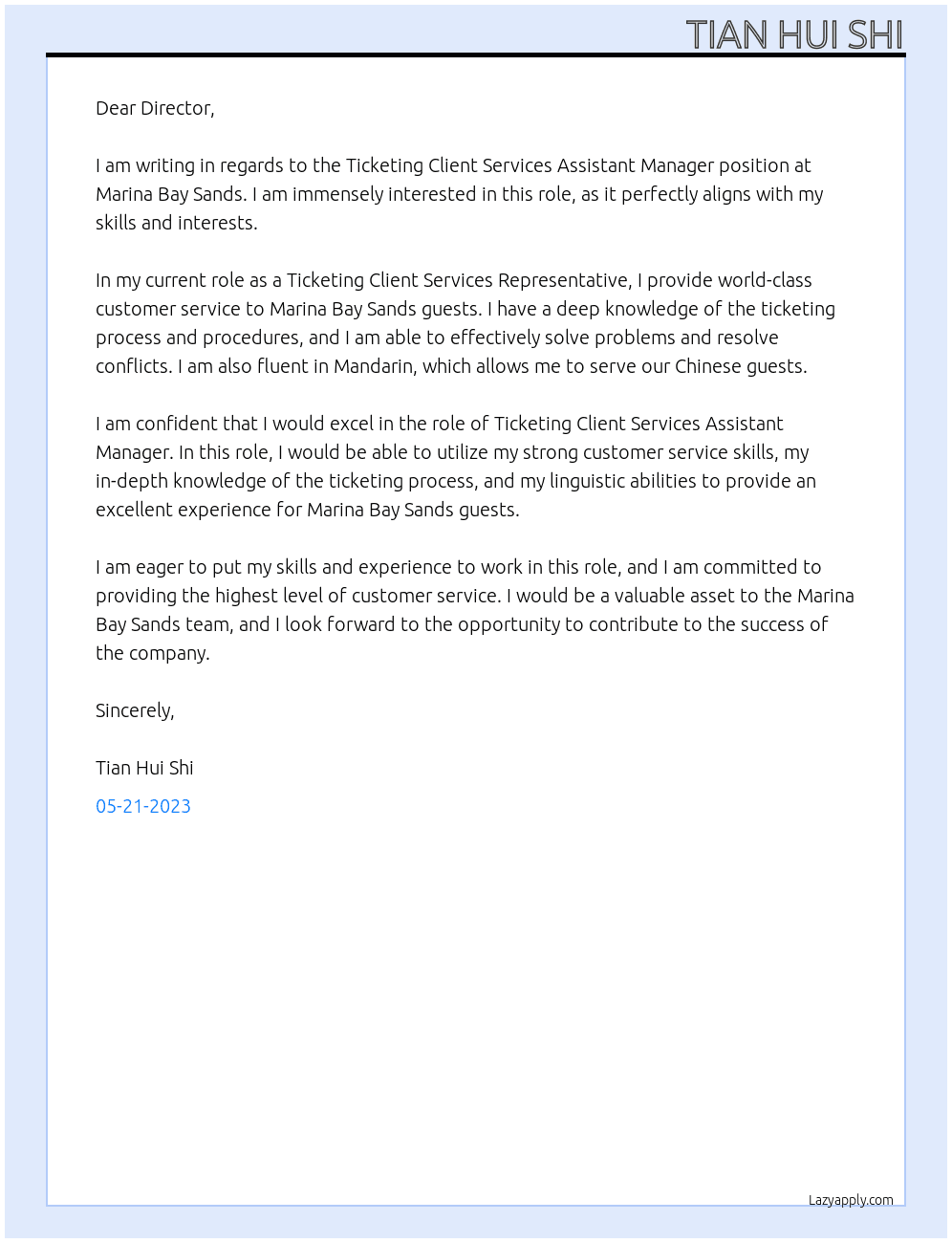 Ticketing Client Services Assistant Manager At Marina bay sand Cover Letter