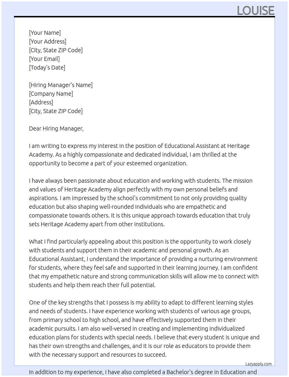 Educational Assistant At Heritage Academy Cover Letter