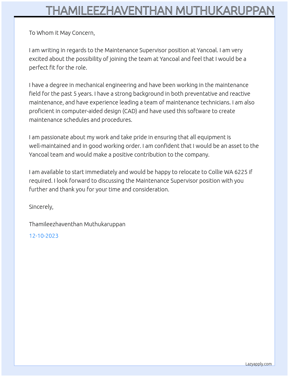 Maintenance Supervisor At Yancoal Cover Letter