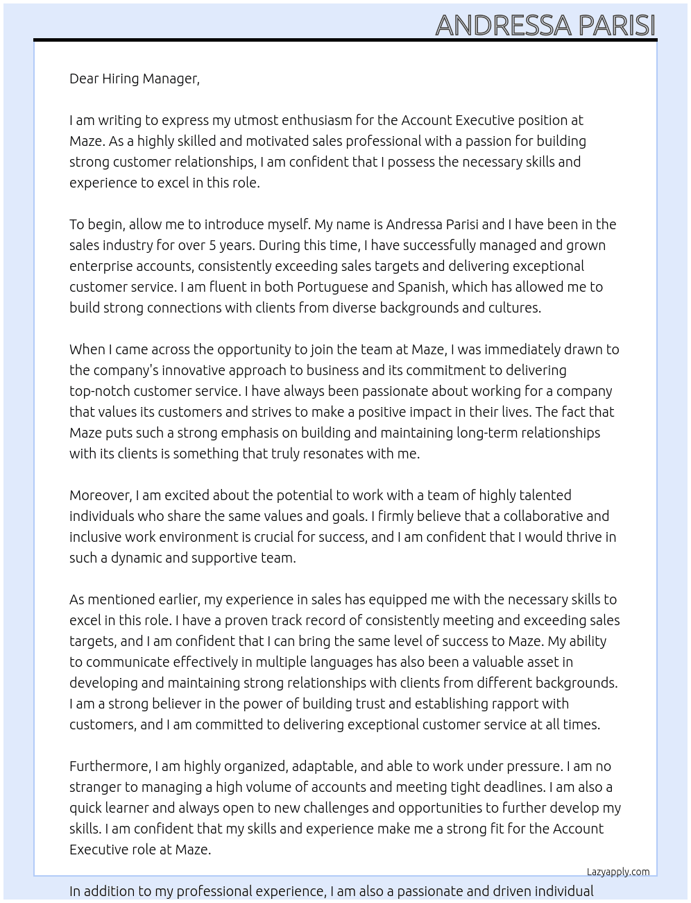  Account Executive, Enterprise Accounts  At Maze Cover Letter