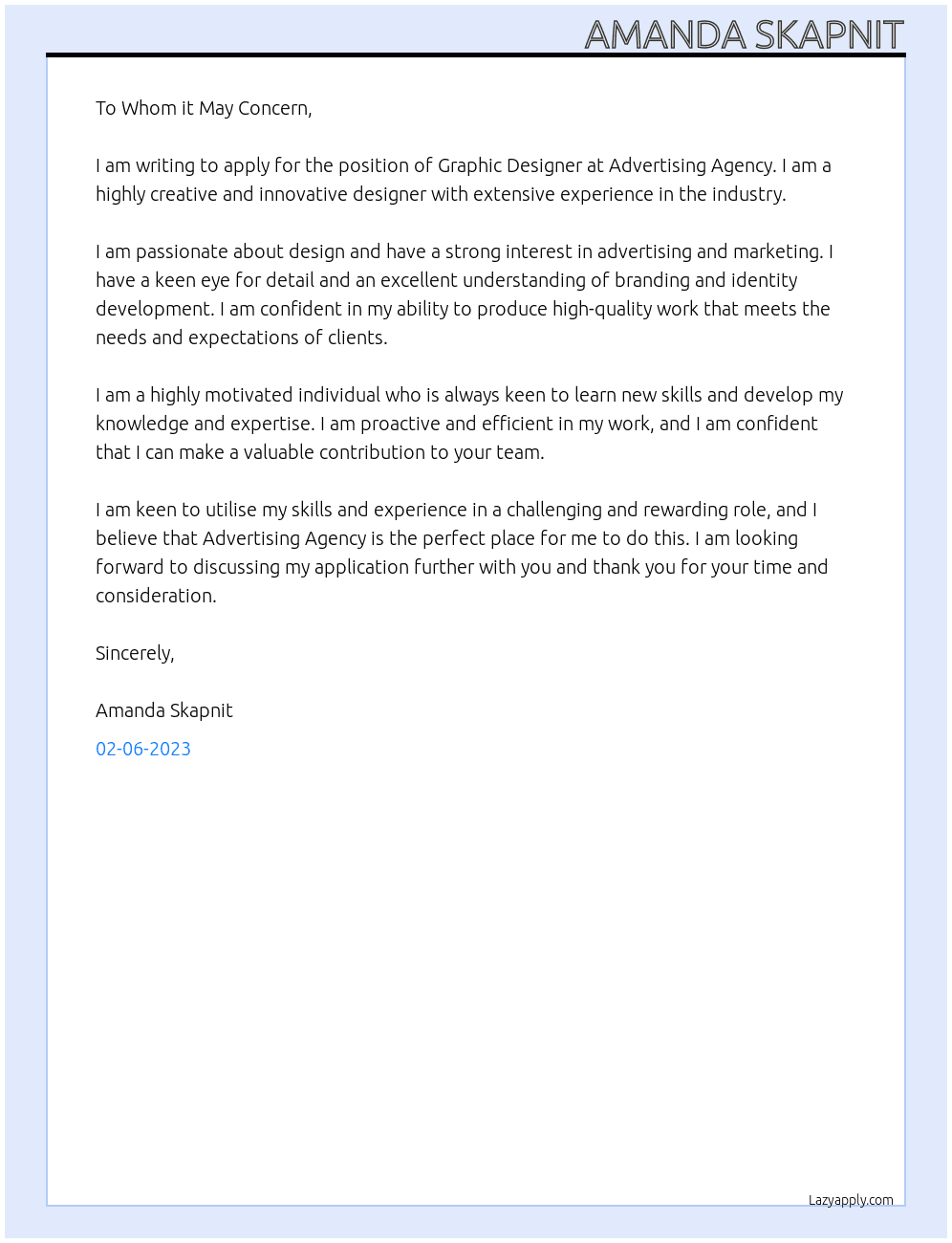 Graphic Designer At Advertising Agency Cover Letter