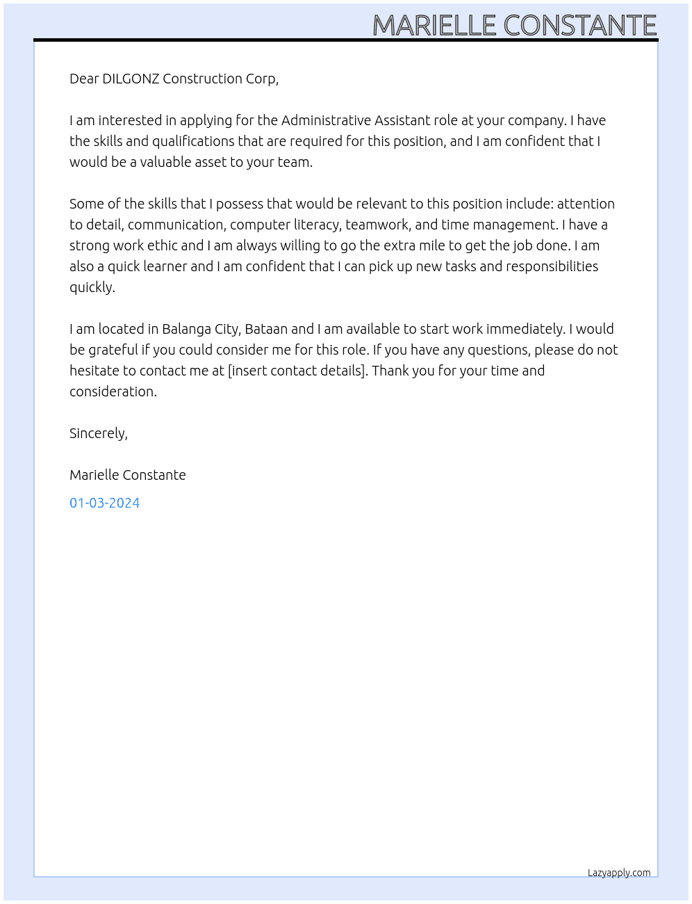 Administrative Assistant At DILGONZ Construction Corp Cover Letter