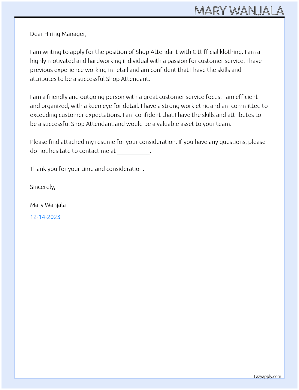 Shop Attendant At Cittifficial klothing Cover Letter
