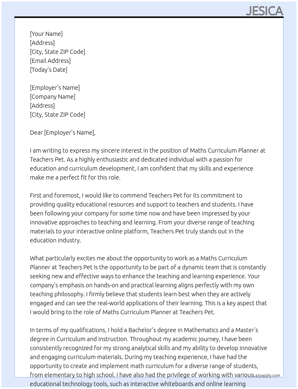 Maths curriculum planner At Teachers Pet Cover Letter