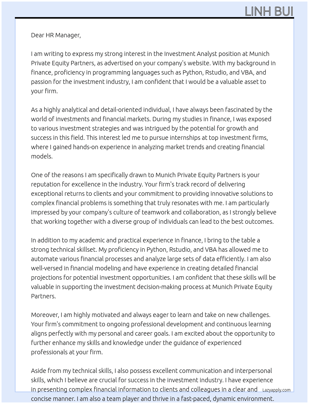 Investment Analyst At Munich Private Equity Partners Cover Letter