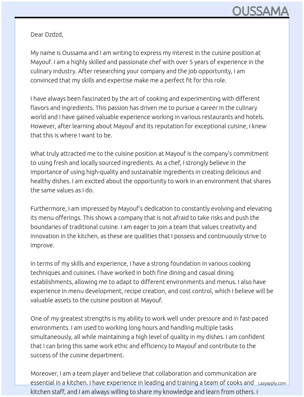 cuisine At mayouf Cover Letter