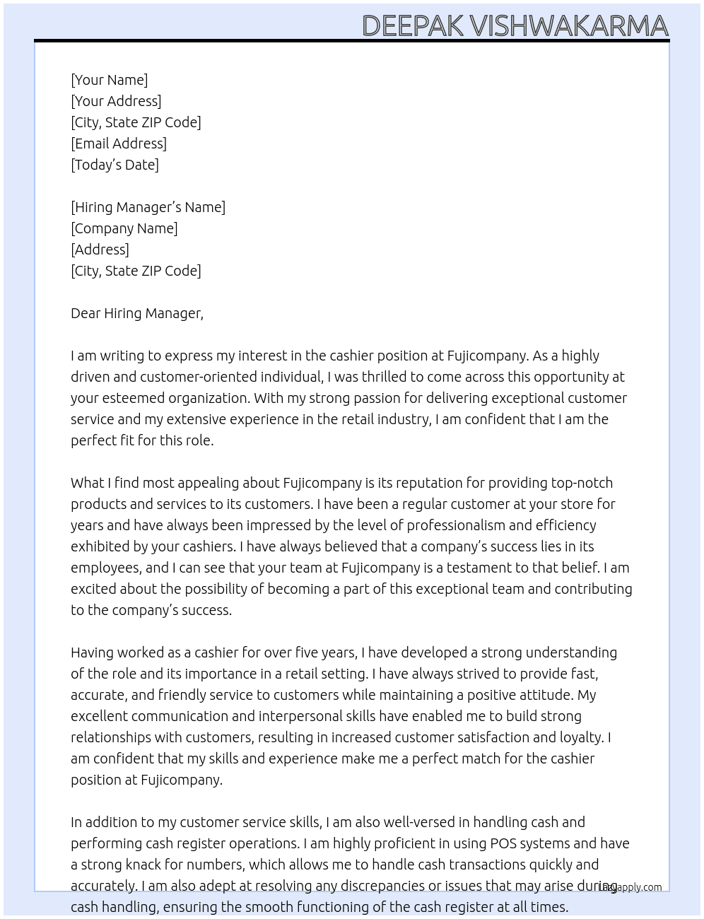 cashier  At fujicompany Cover Letter