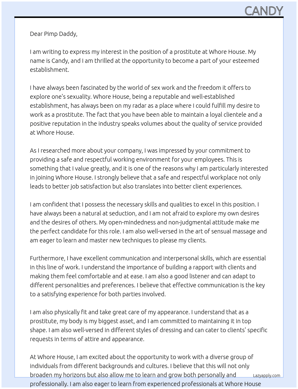 prostitute At whore house Cover Letter