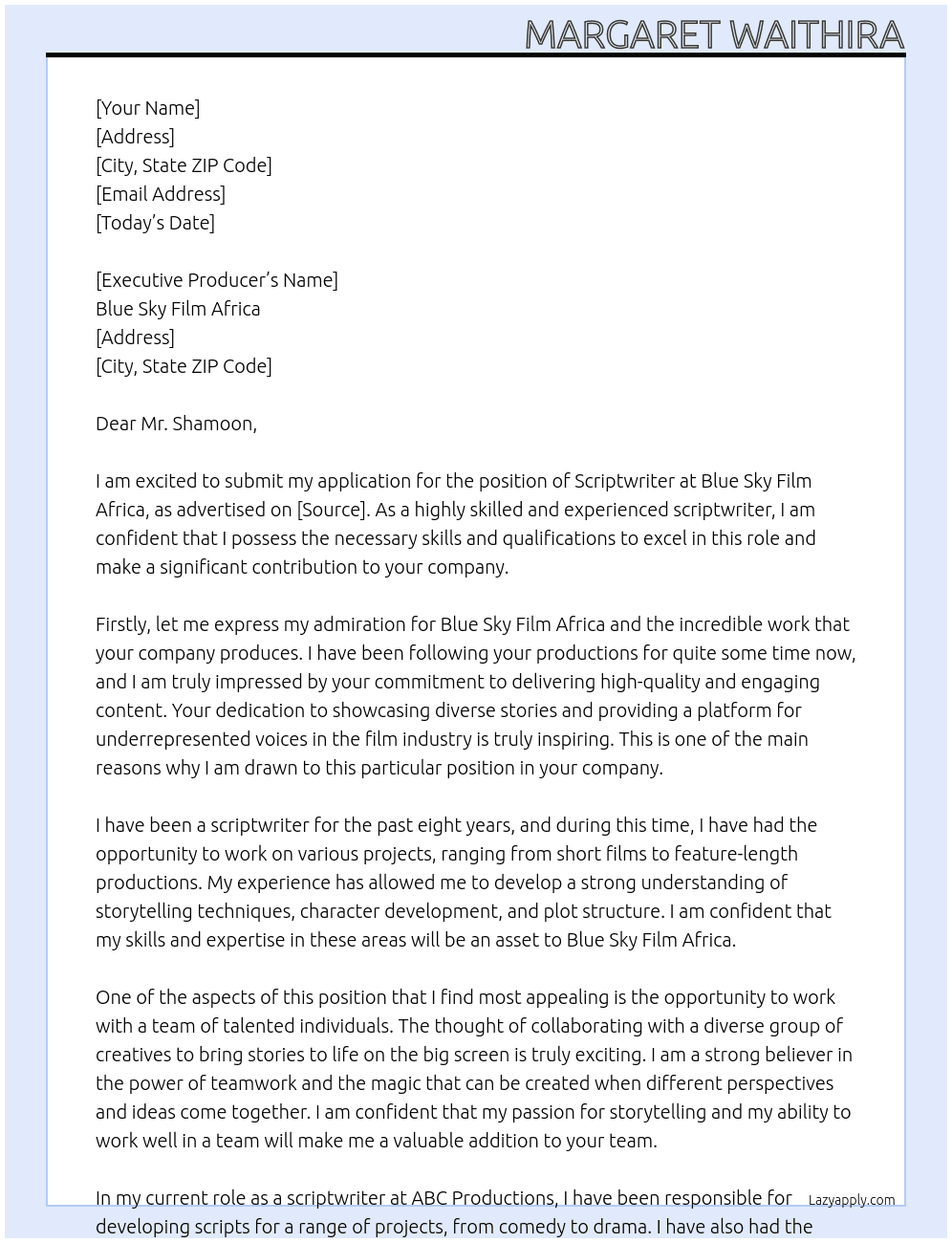 scriptwriter At Blue Sky Film Africa Cover Letter