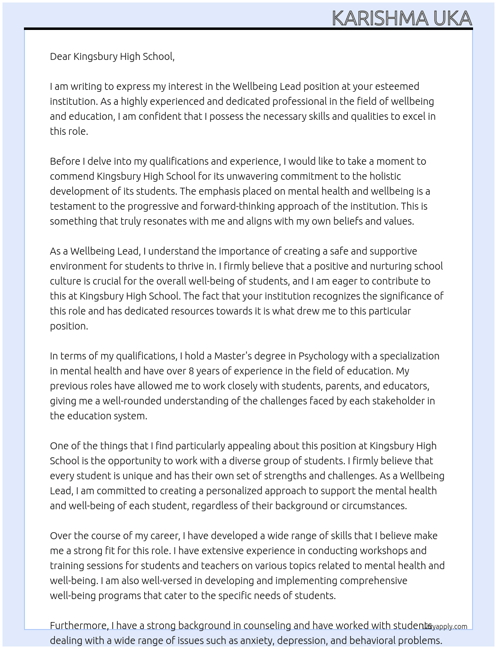 Wellbeing Lead At Kingsbury High School Cover Letter