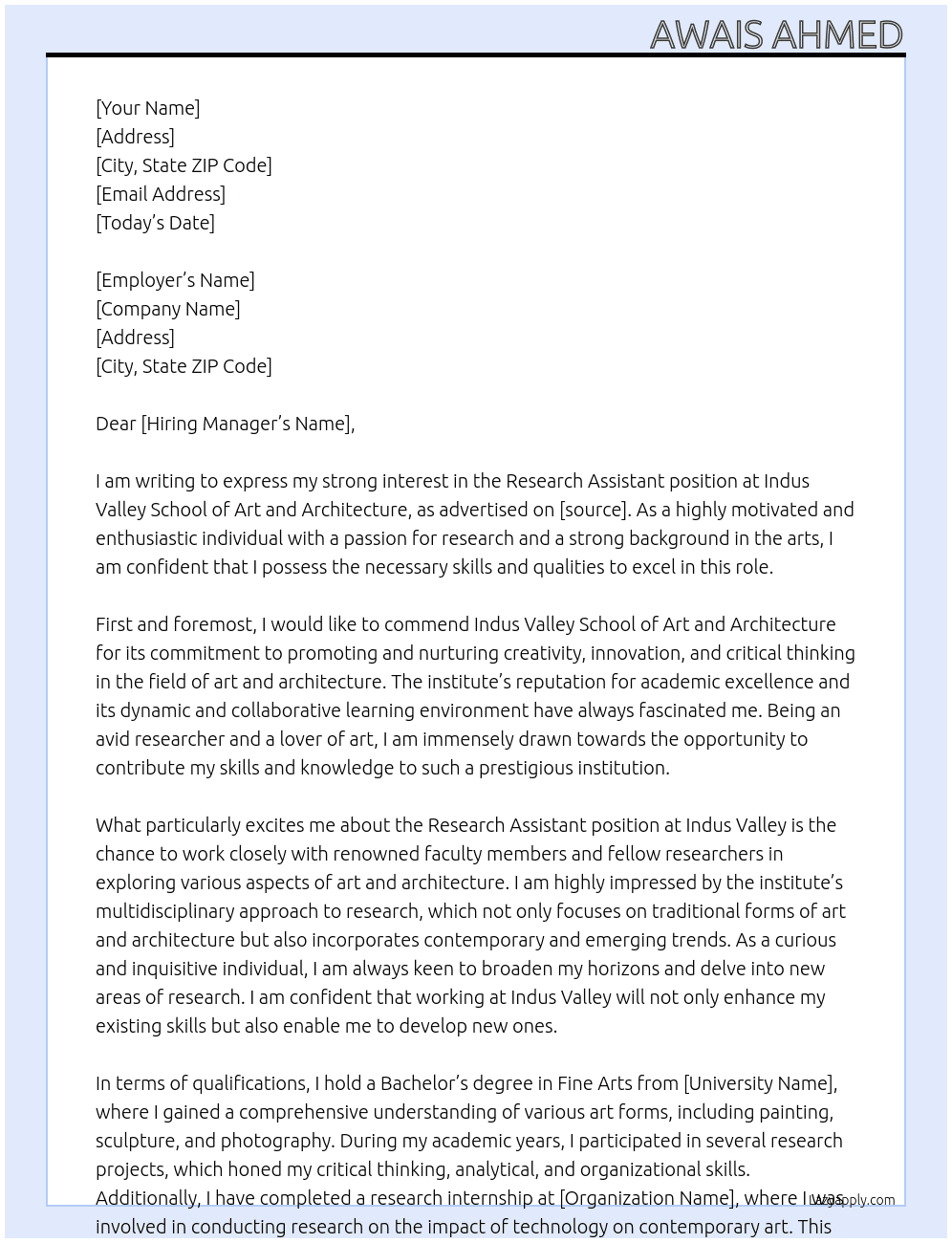 Research Assistant At Indus Valley School of Art and Architecture Cover Letter