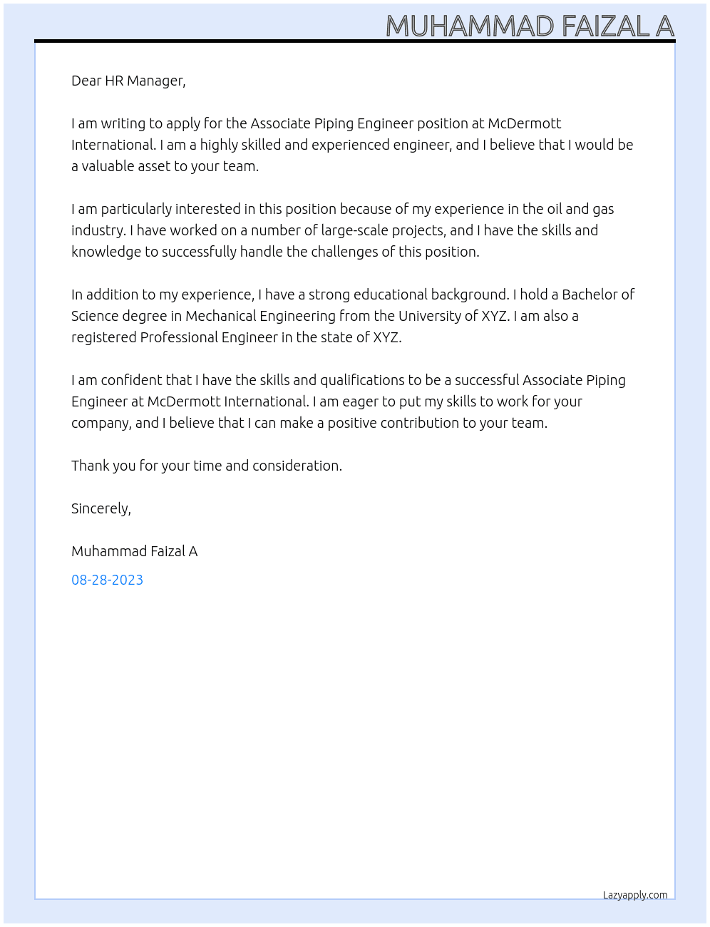 Associate Piping Engineer At McDermott International Cover Letter