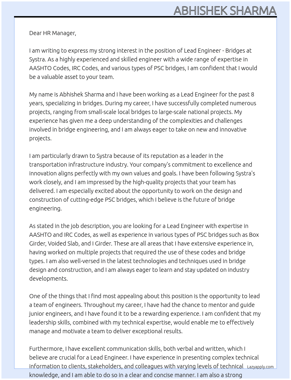 Lead Engineer - Bridges At Systra Cover Letter