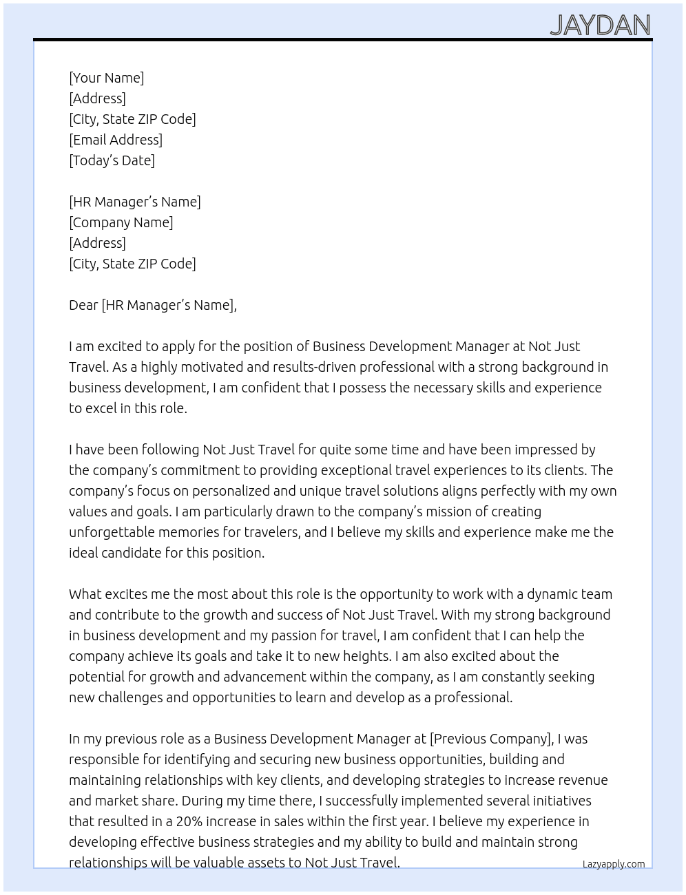 business development manager At not just travel Cover Letter