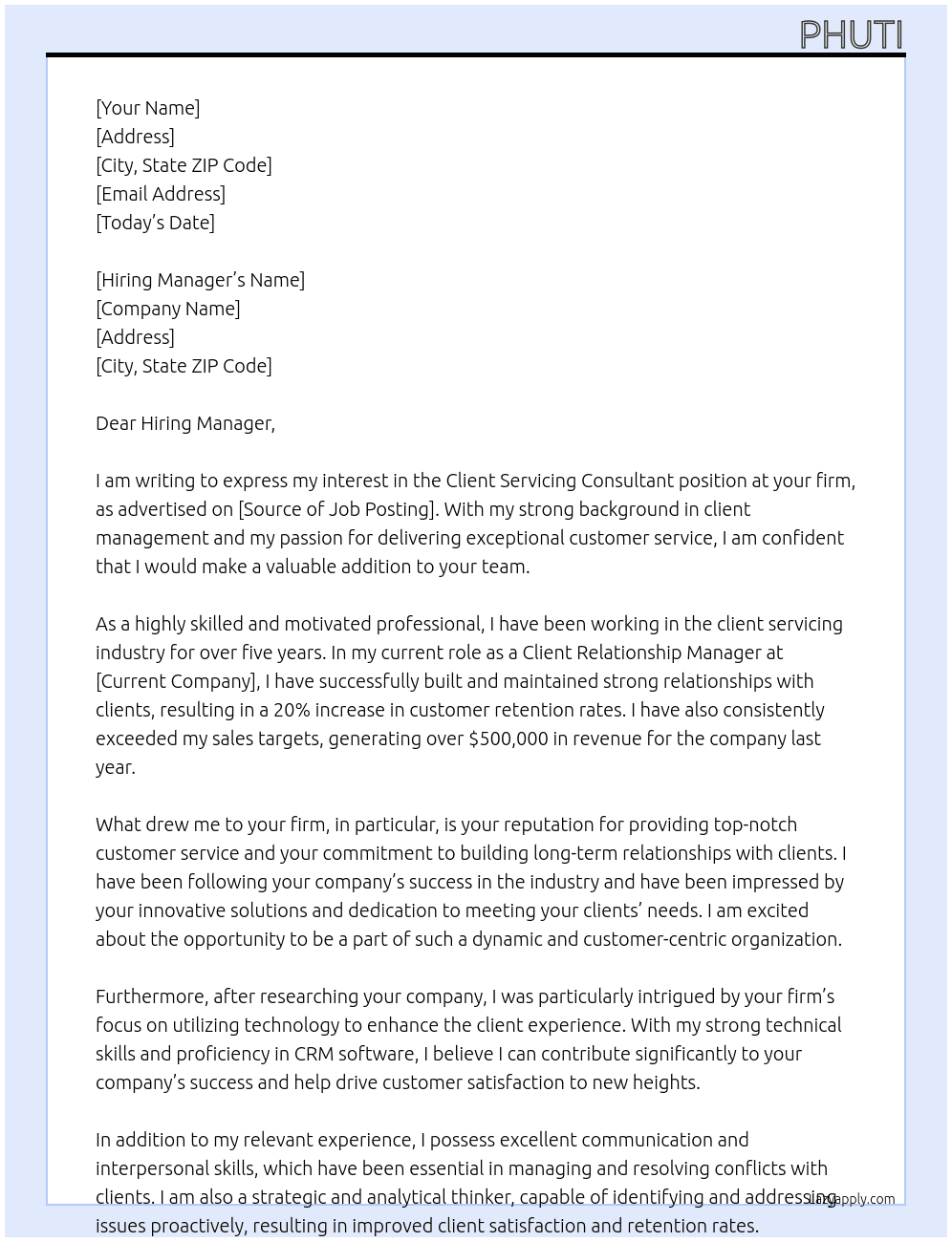 Client Servicing Consultant At your firm Cover Letter