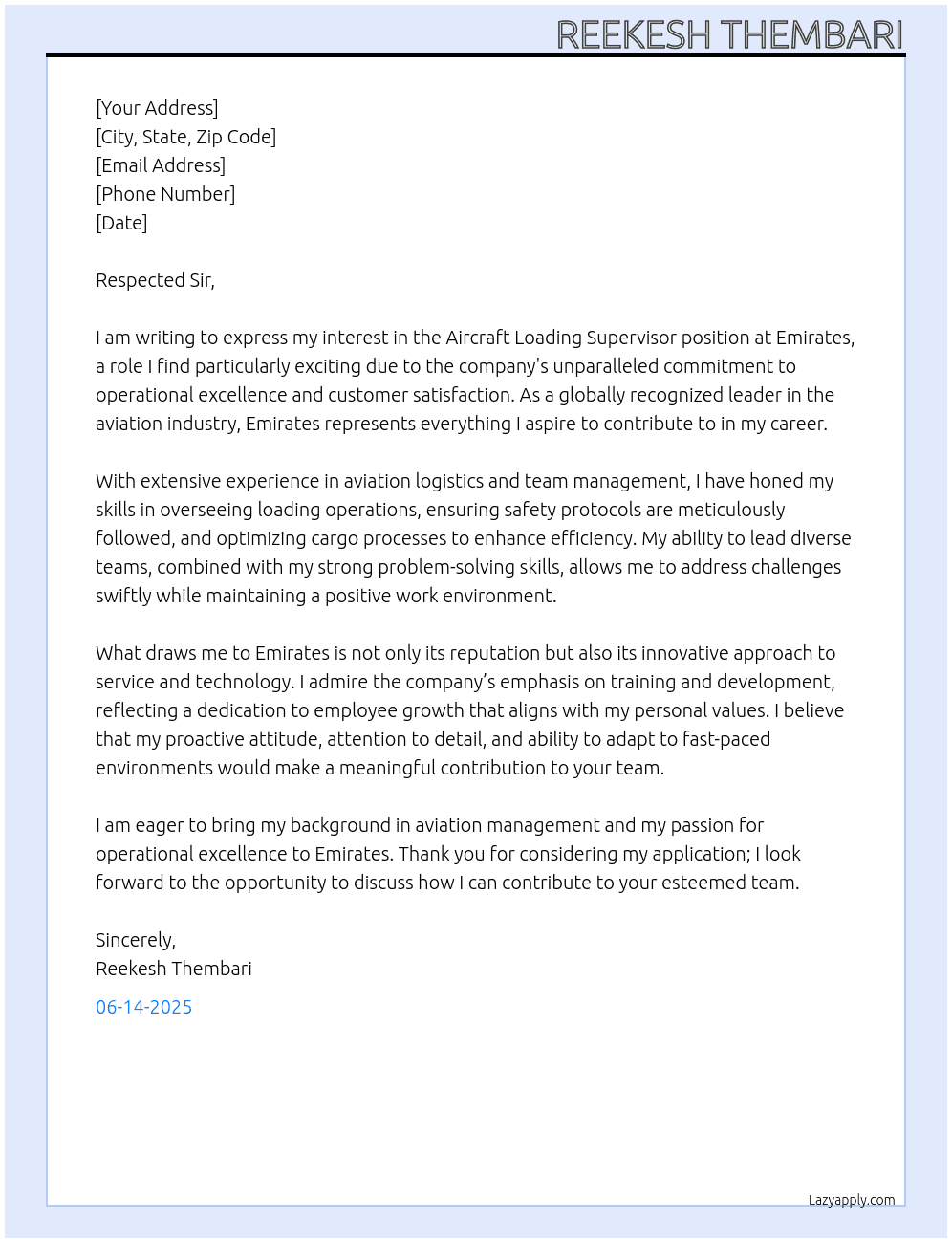 Cover letter for aircraft loading supervisor - LazyApply
