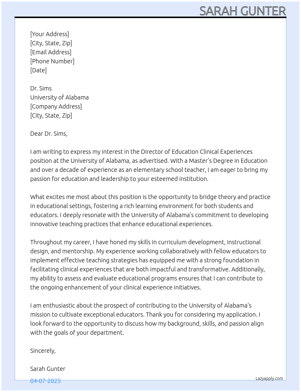 Director of Education Clinical Experiences At University of Alabama Cover Letter
