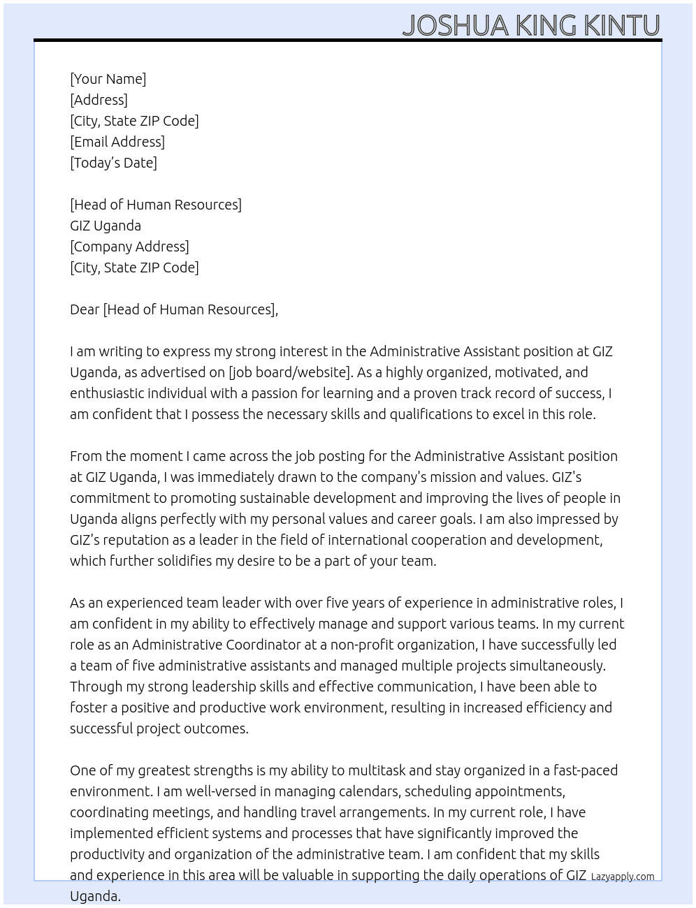 Administrative assistant  At GIZ Uganda  Cover Letter