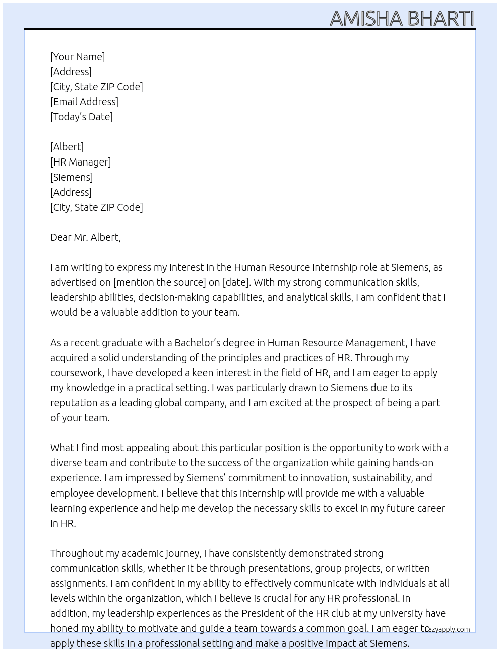Human Resource At Siemens Cover Letter