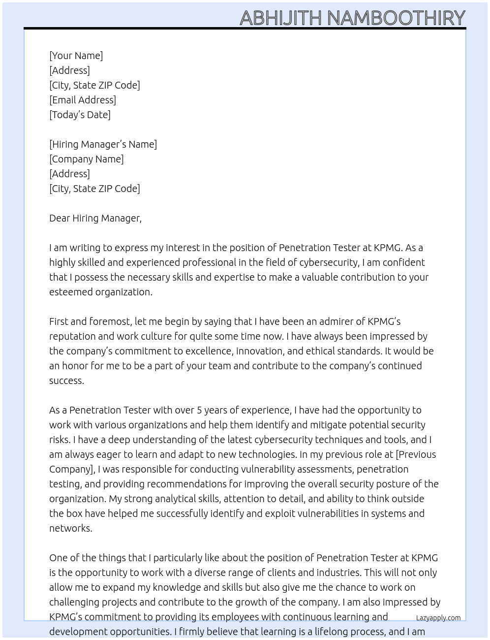 Penetration Tester At KPMG Cover Letter