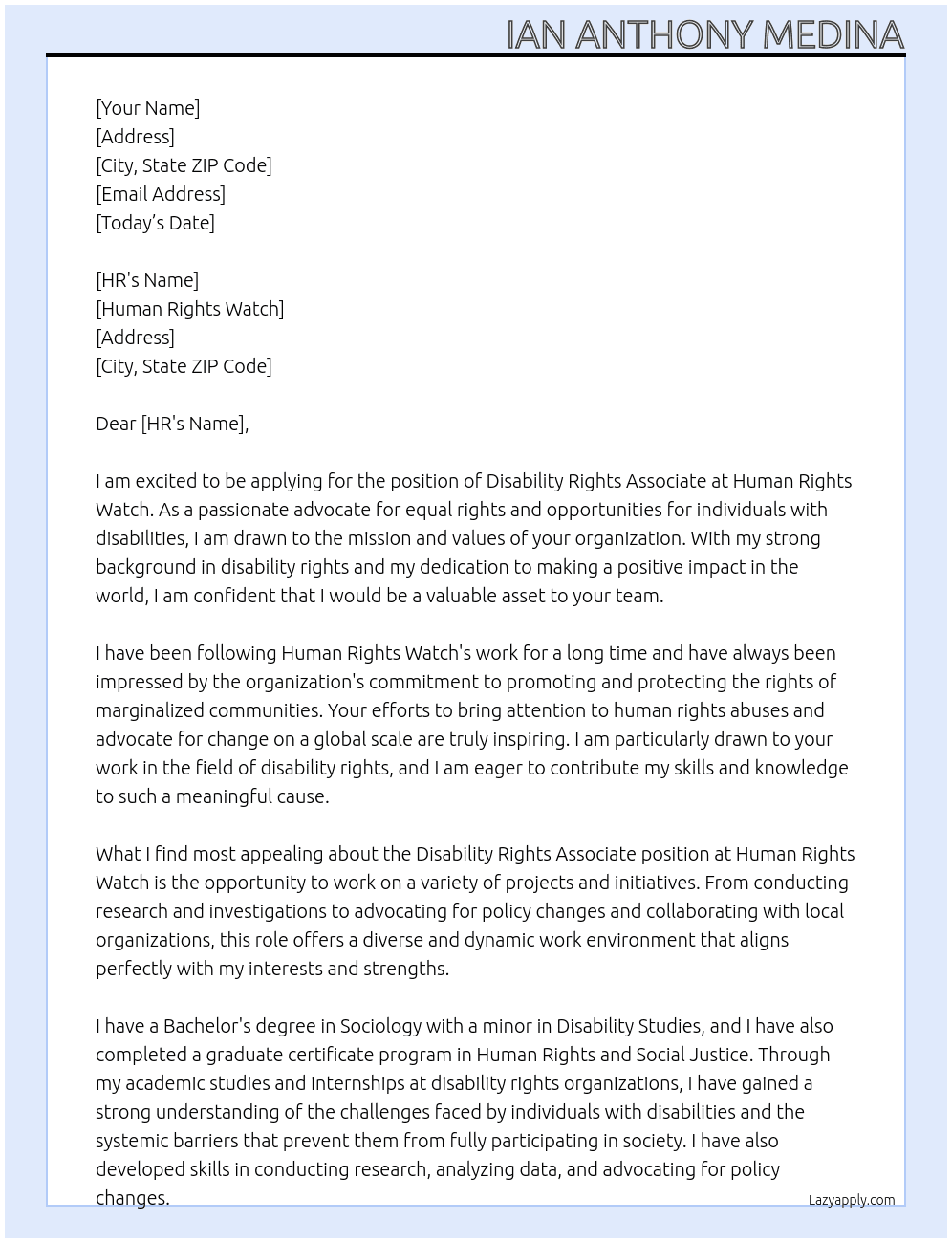 Disability Rights Associate At Human Rights Watch Cover Letter