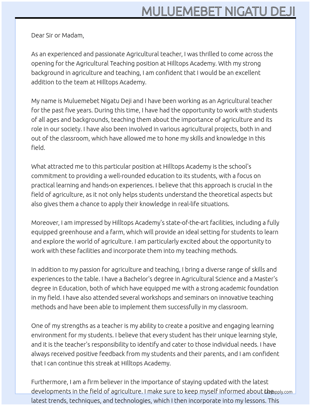 Agricultural teaching At Hilltops academy Cover Letter