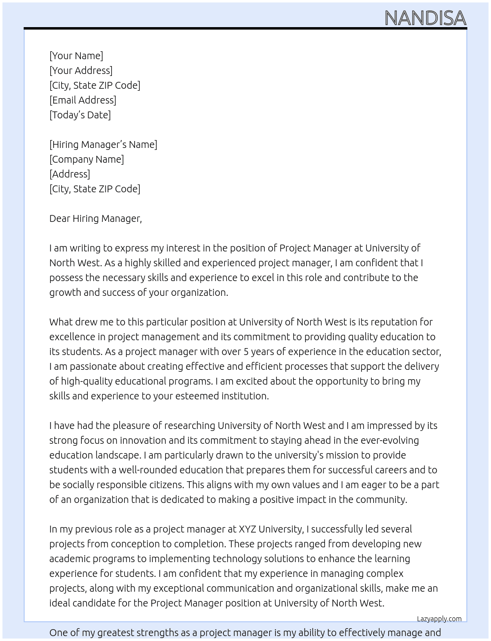 Project manager  At University of North west Cover Letter