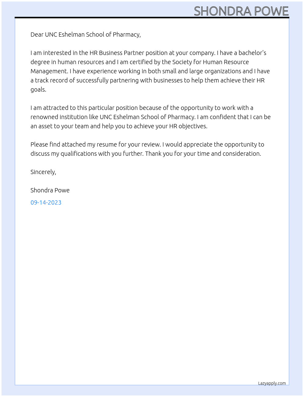 HR Business Partner At UNC Eshelman School of Pharmacy Cover Letter