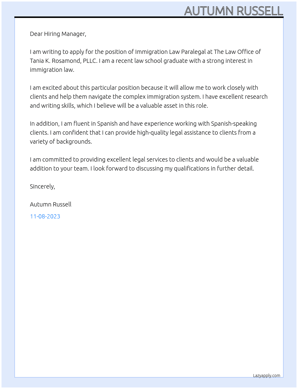 Immigration Law Paralegal  At The Law Office of Tania K. Rosamond, PLLC Cover Letter