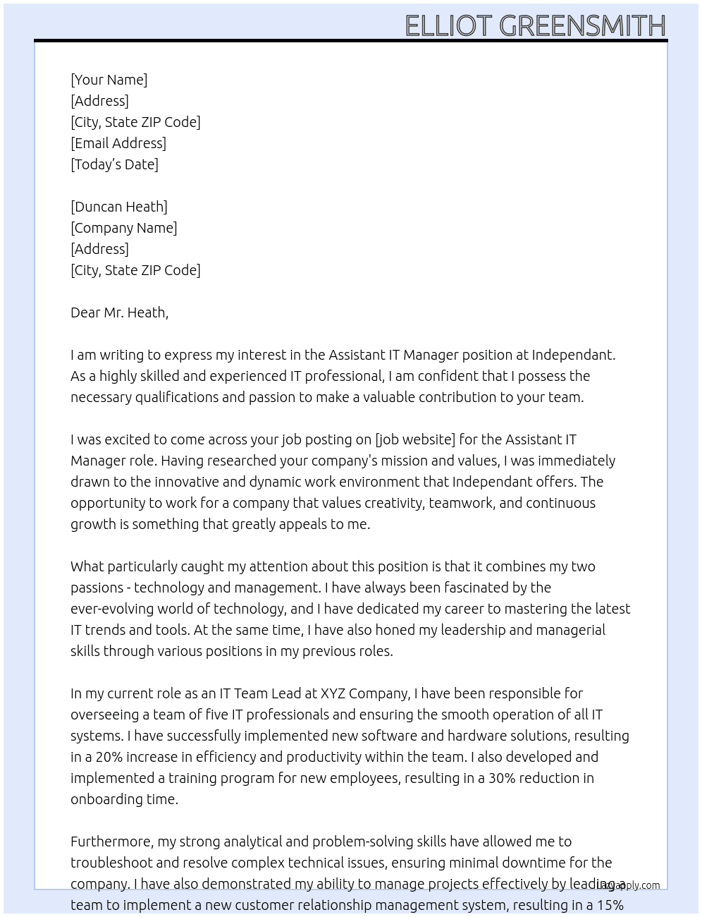 Assistant IT Manager At Independant Cover Letter