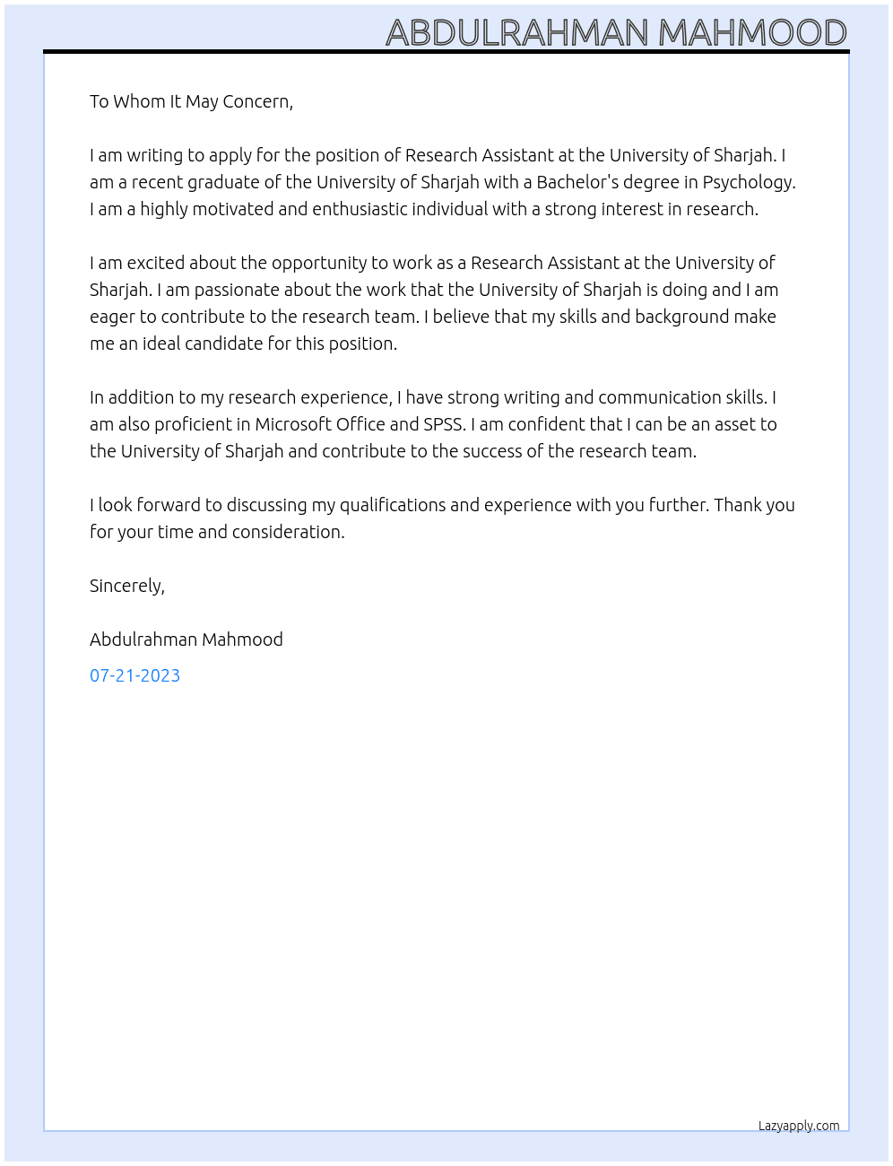 Research Asssitant At University Of Sharjah Cover Letter