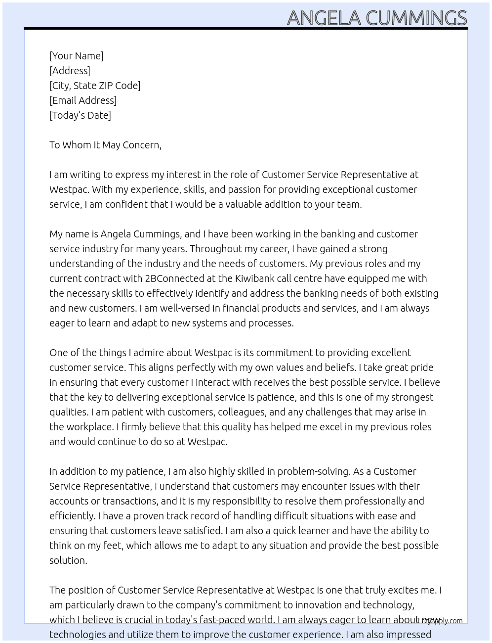 Customer Service Representative - Contact Centre - Cards At Westpac Cover Letter