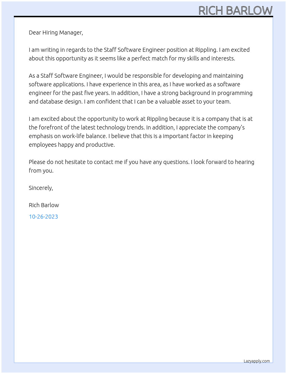 Staff Software Engineer At Rippling Cover Letter