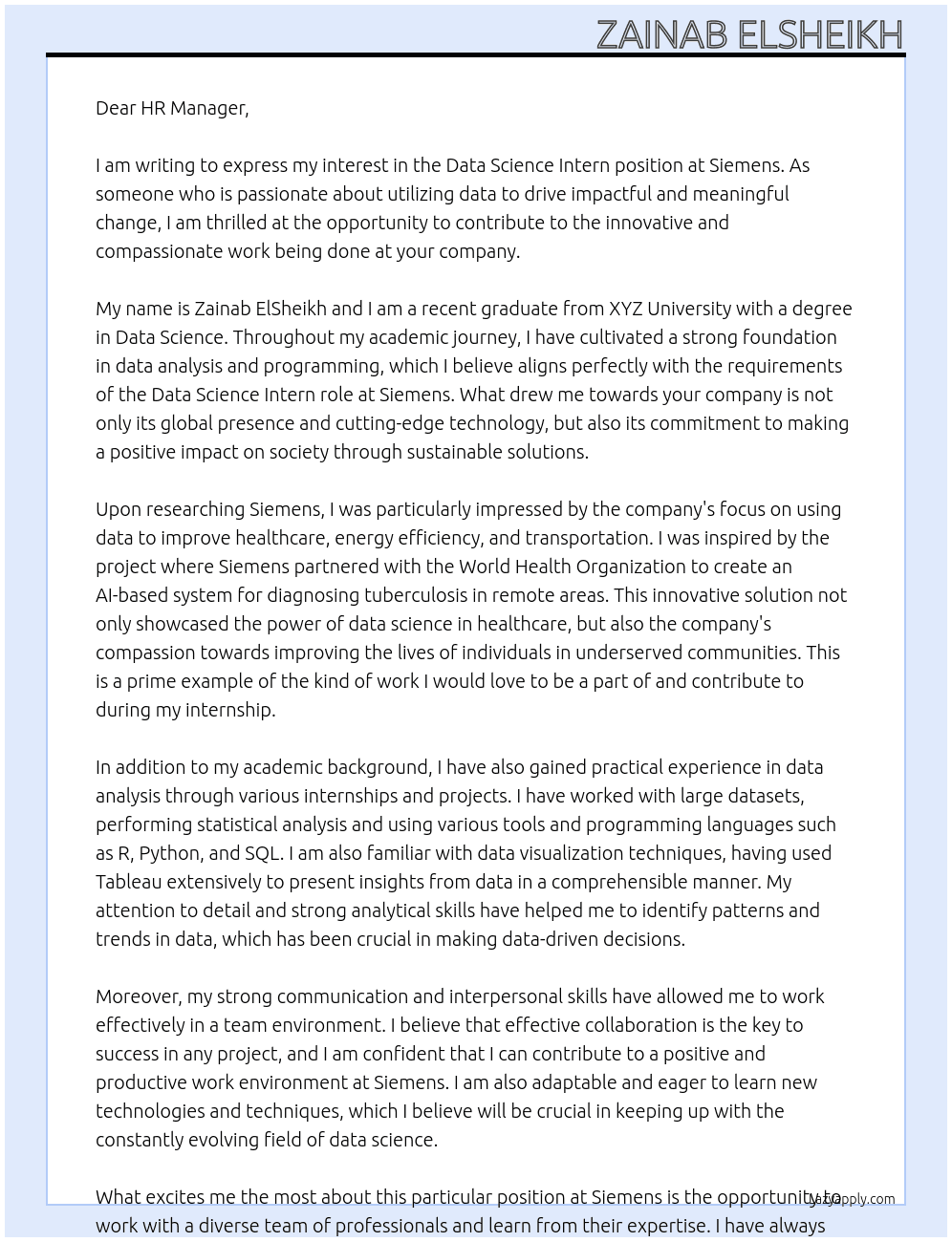 Data science intern At Siemens Cover Letter