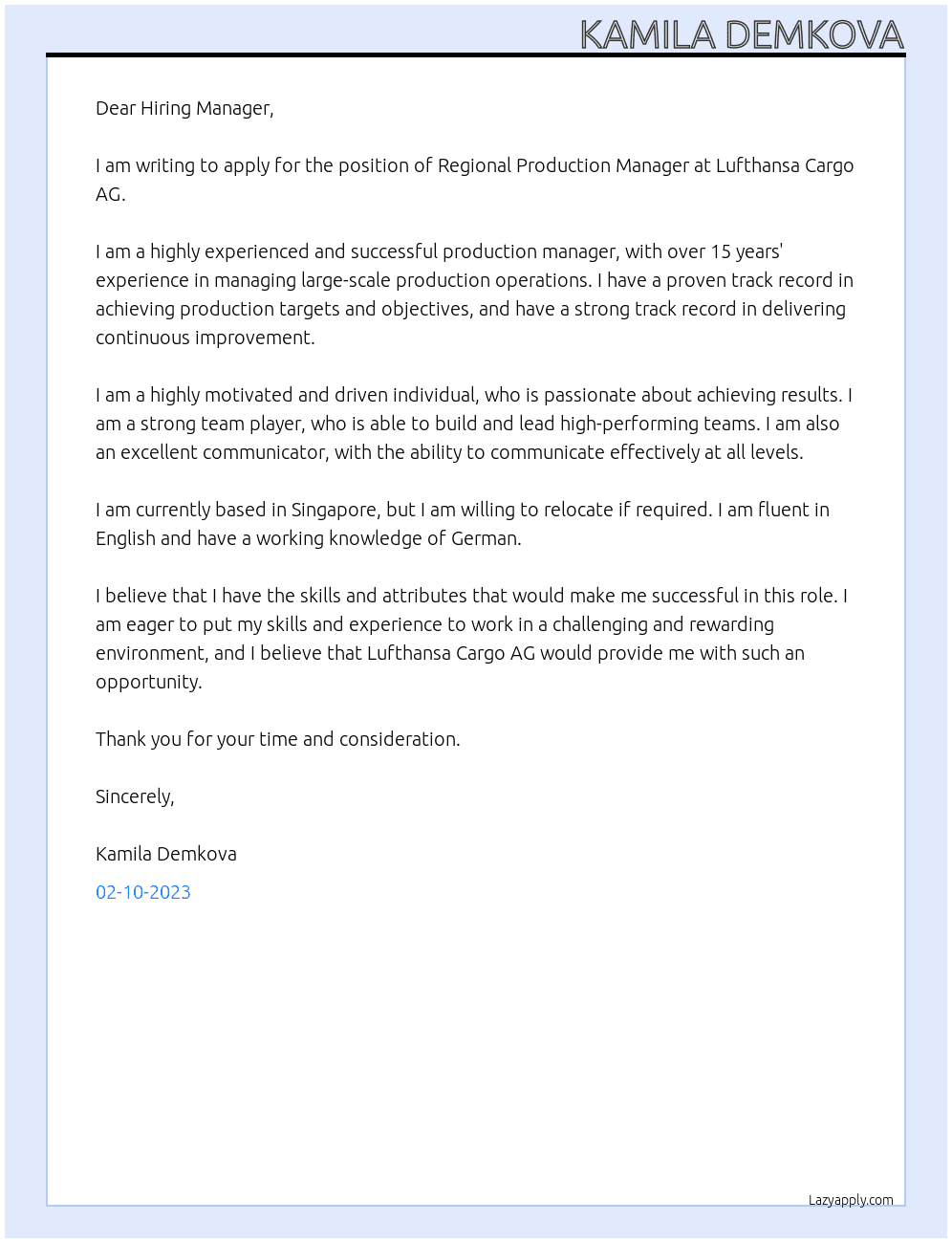 Cover letter for regional production manager - LazyApply