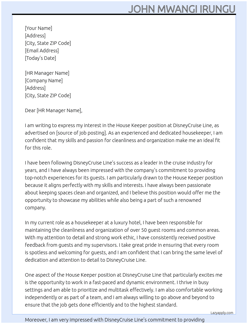 House Keeper At DisneyCruise Line Cover Letter