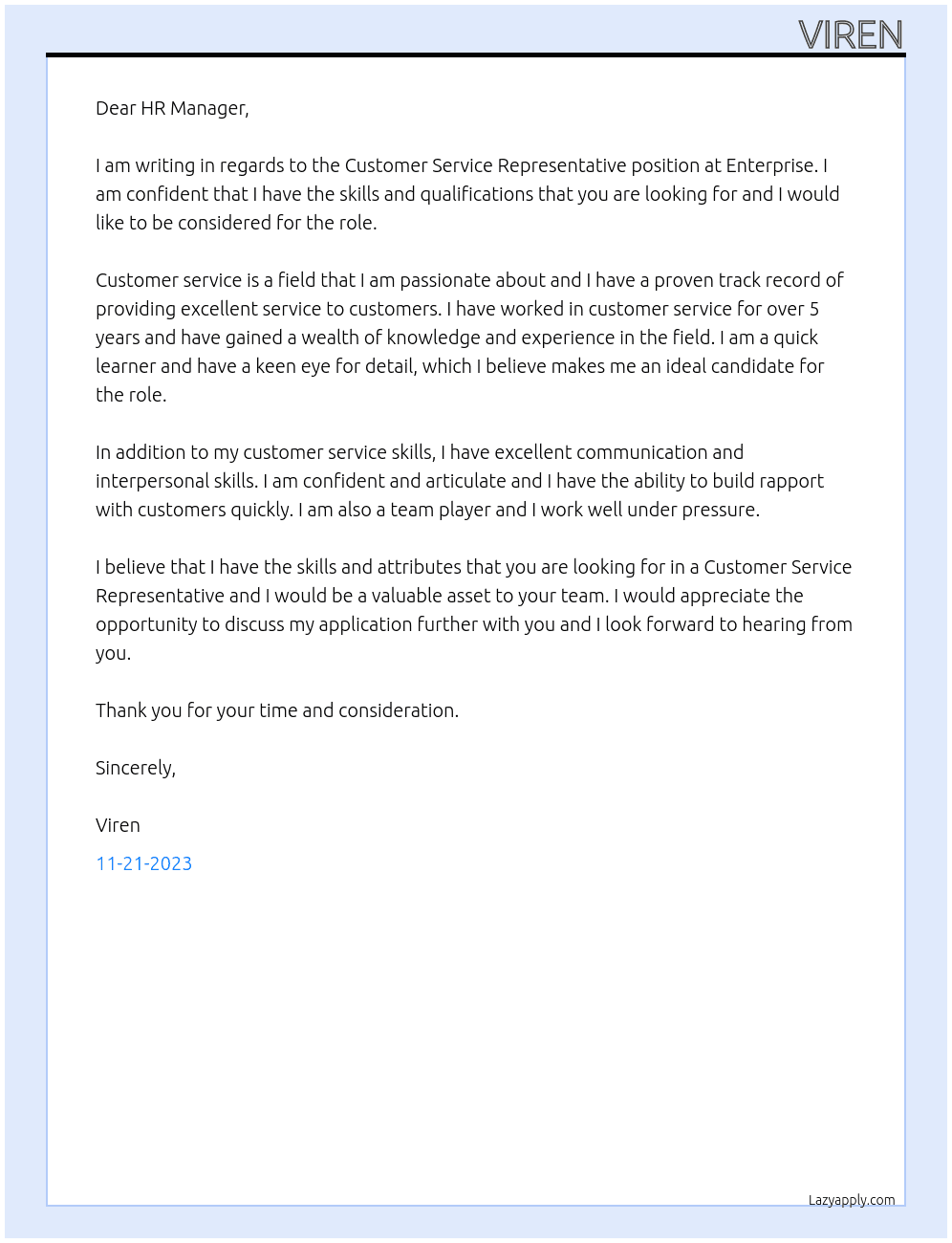 Customer Service Representative At Enterprise Cover Letter