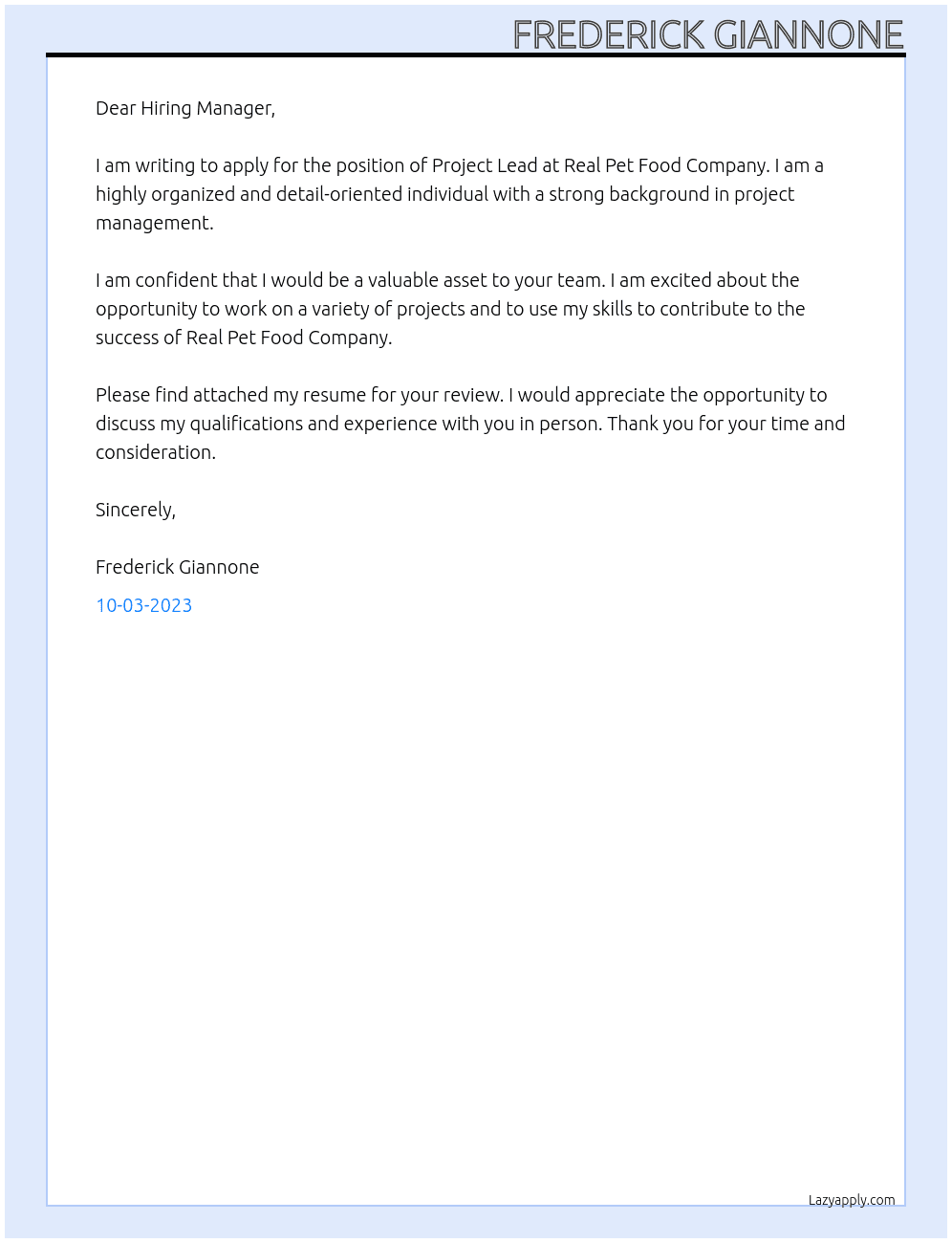Project Lead At Real Pet Food Company Cover Letter